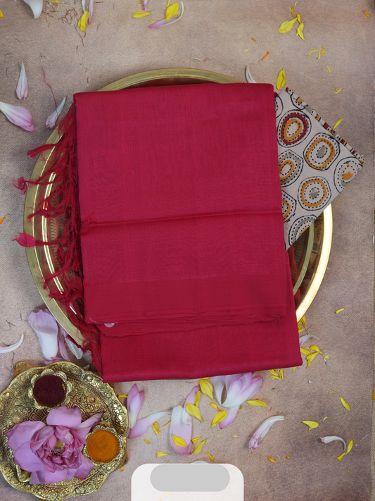 Handloom Mangalgiri pattu plain saree with Kalamkari blouse