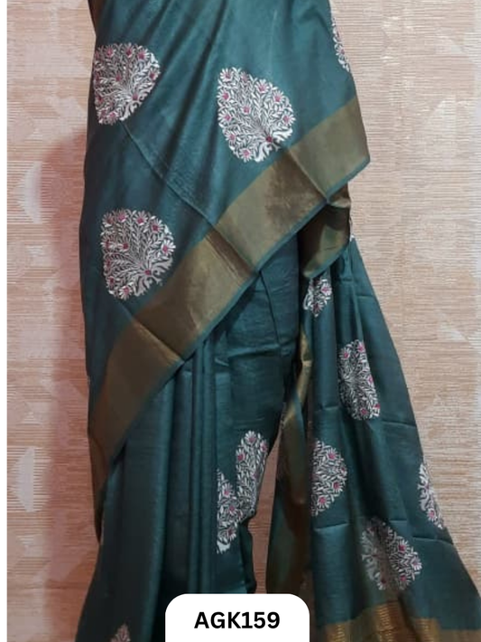 zari border tussar  hand-dyed work machine embroidery. attached blouse piece