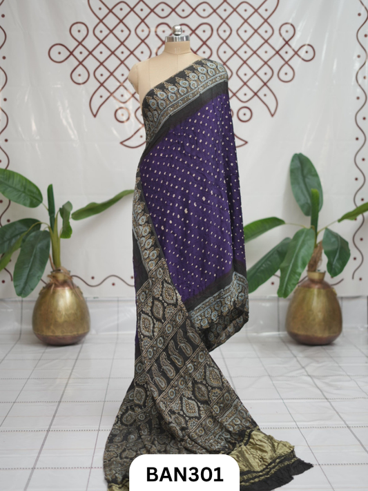Modal Ajrakh With Bandhini Ladgi Patta Saree