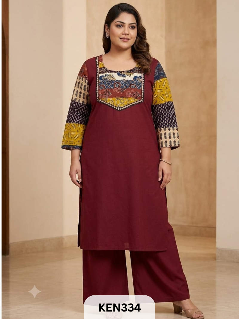 COTTON PLAIN KURTI WITH AJRAKH PATCHWORK YOKE WITH POCKET