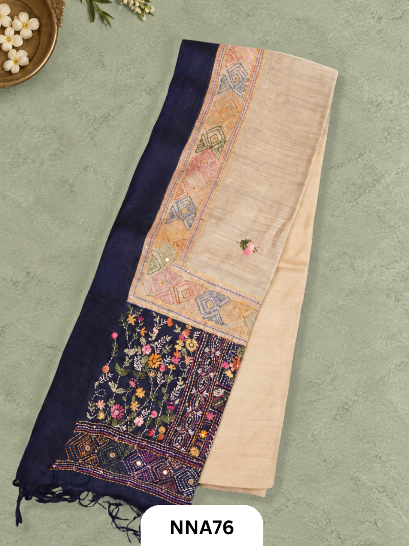 Handloom Pure Tussar Silk - Maheshwari Border and Bullion With Kantha Stitch Saree