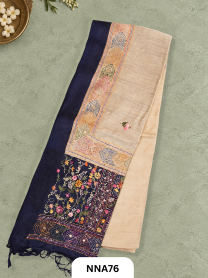Handloom Pure Tussar Silk - Maheshwari Border and Bullion With Kantha Stitch Saree