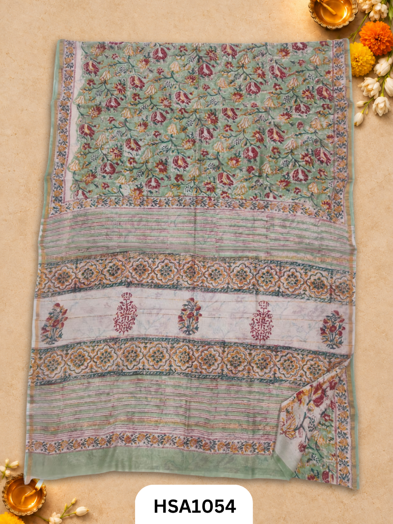 Pure Hand Block Printed Chanderi Silk Saree With Printed Blouse
