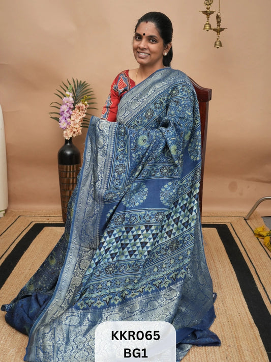 DOLA SILK - KHADI BORDER  AJRAKH HANDBLOCK PRINT