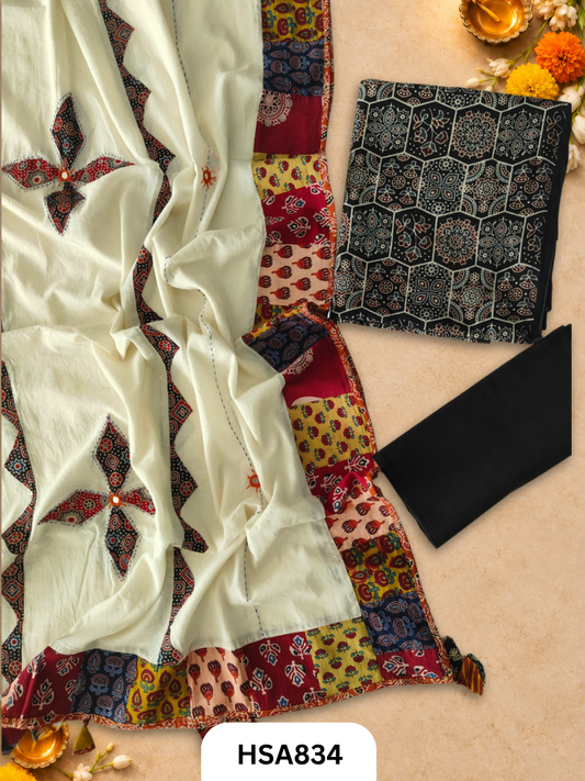 Ajrahk Print With Patch Work And Mirror Work Dupatta