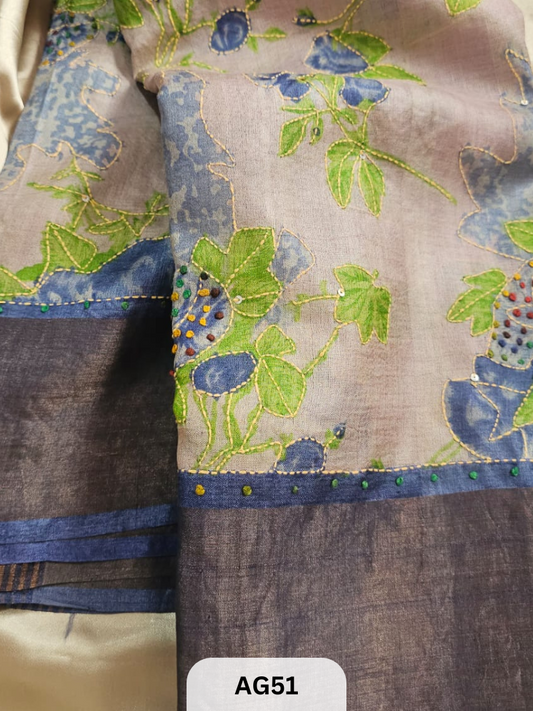 PURE TUSSAR WITH BORDER | SPECIAL HAND PAINT |HAND KANTHA STITCH | SILK MARK