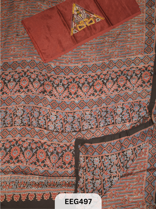 AJRAKH MODAL SAREE WITH KUTCHI HANDWORK BLOUSE PIECE EXTRA