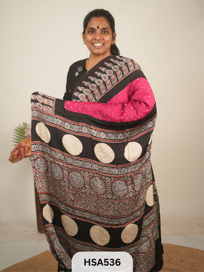 MODAL AJRAKH WITH BANDHINI SAREE