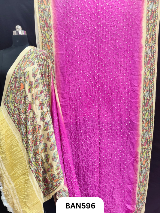 Semi Gaji ts kalamkari digital print pallu, blouse and border with bandhej saree
