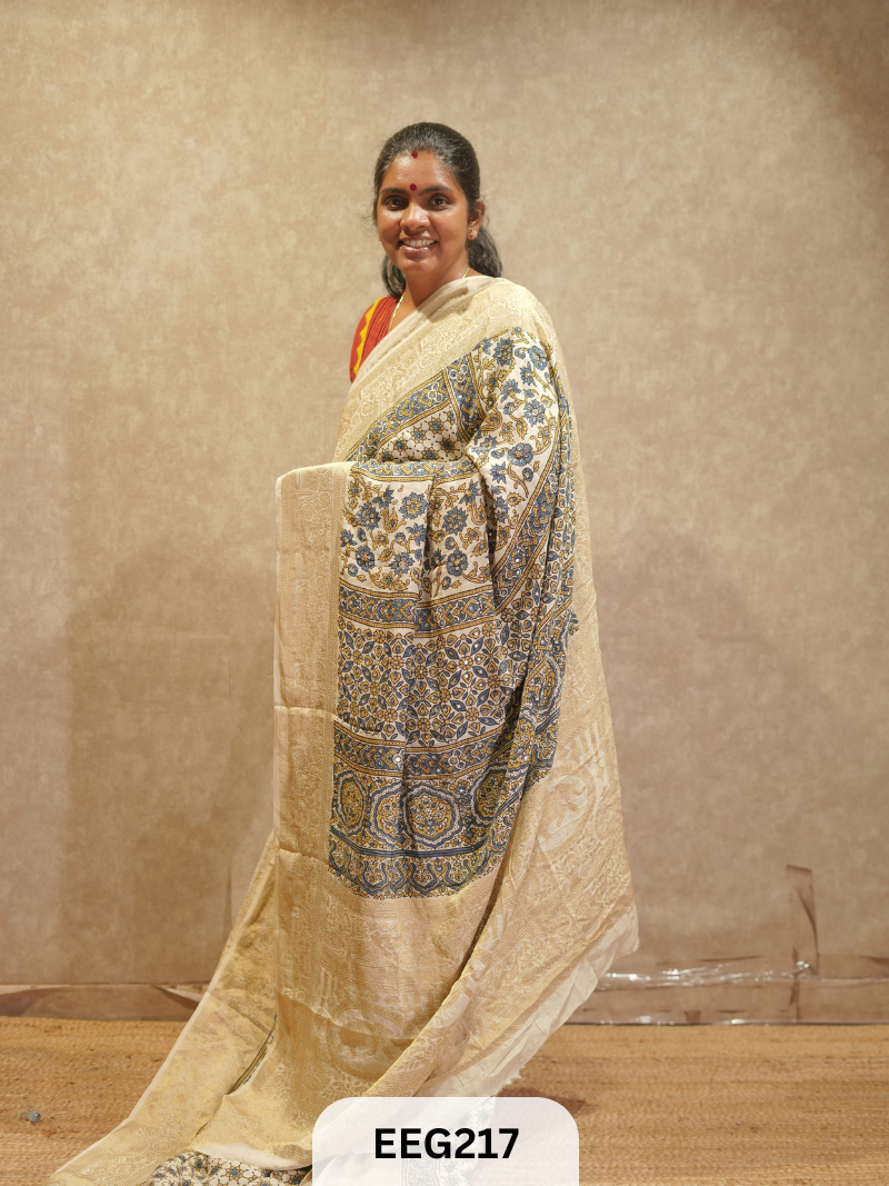 AJRAKH DOLA SILK SAREE WITH MIRROR WORK - IMMEDIATE DISPATCH