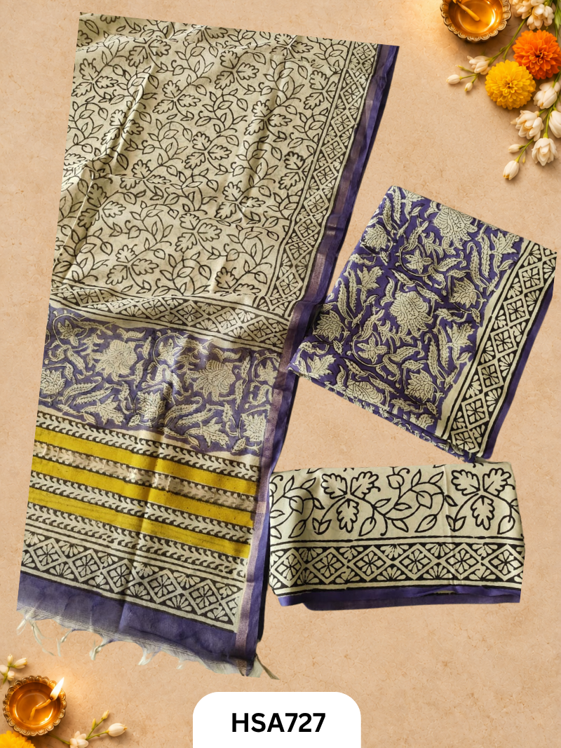 HandBlock Printed Chanderi Silk Dupatta With Cotton Suits -Top 2.5M Duptta 2.5M