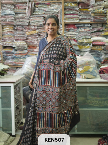 MODAL NATURAL AJRAKH HANDBLOCK SAREE WITH GLUE MIRROR