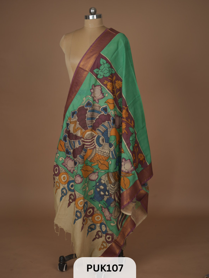 PURE PENKALAMKARI DUPPATTA - CHENNURI SILK