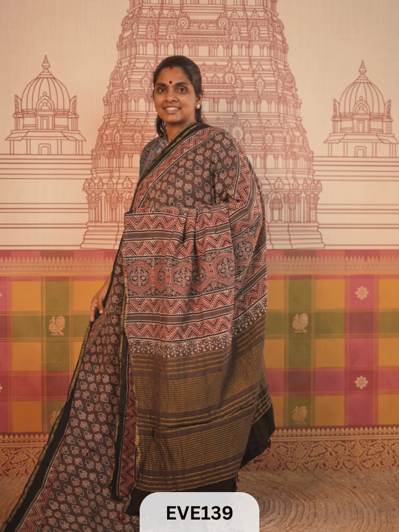 PURE CHANDERI SILK AJRAKH HANDBLOCK SAREE