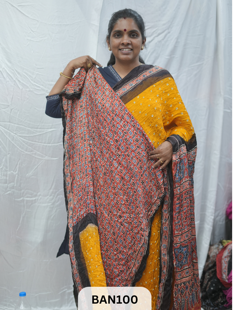 BANDHANI WITH AJRAKH SEMI GAJI SAREE