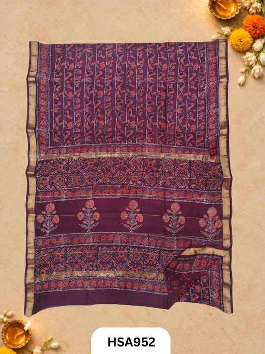 Pure Maheswari Silk Cotton - Handblock Print Saree With Blouse