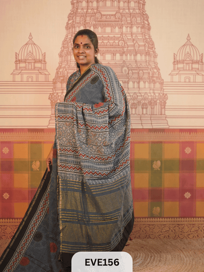 PURE CHANDERI SILK AJRAKH HANDBLOCK SAREE