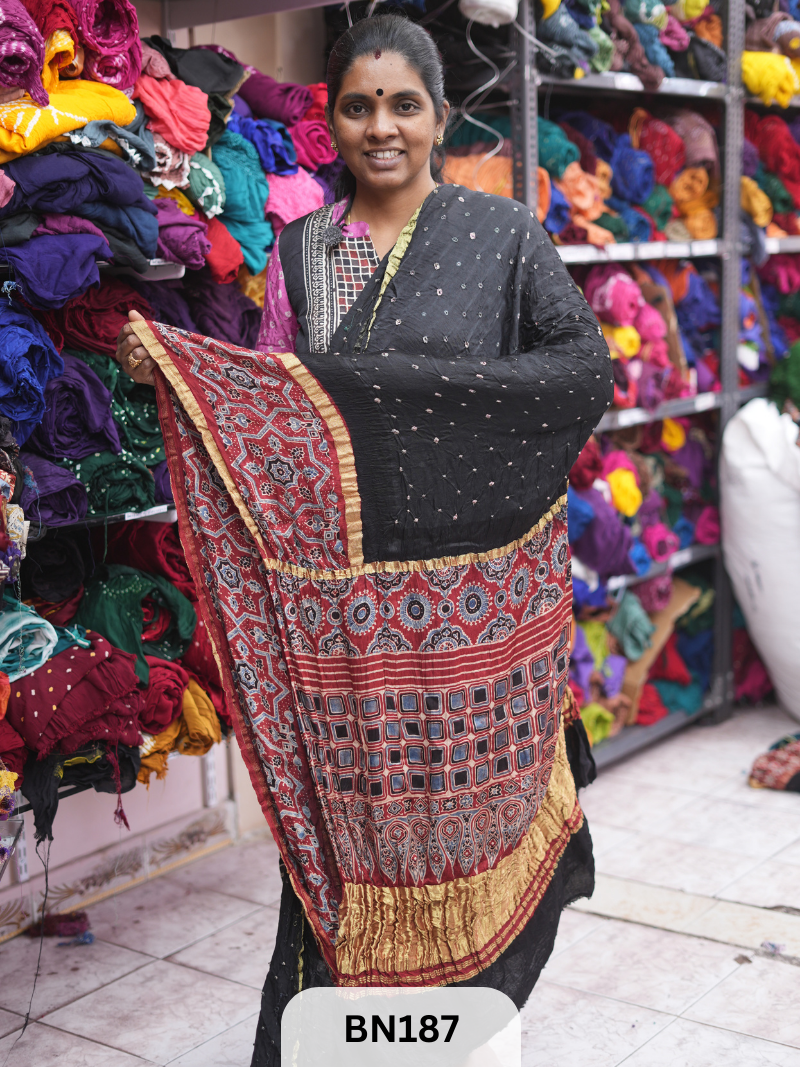 AJRAKH BANDHEJ WITH SKIRT BORDER SAREES | MODAL GAJI FABRIC