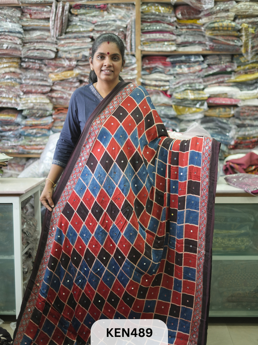 MODAL NATURAL AJRAKH HANDBLOCK SAREE WITH GLUE MIRROR