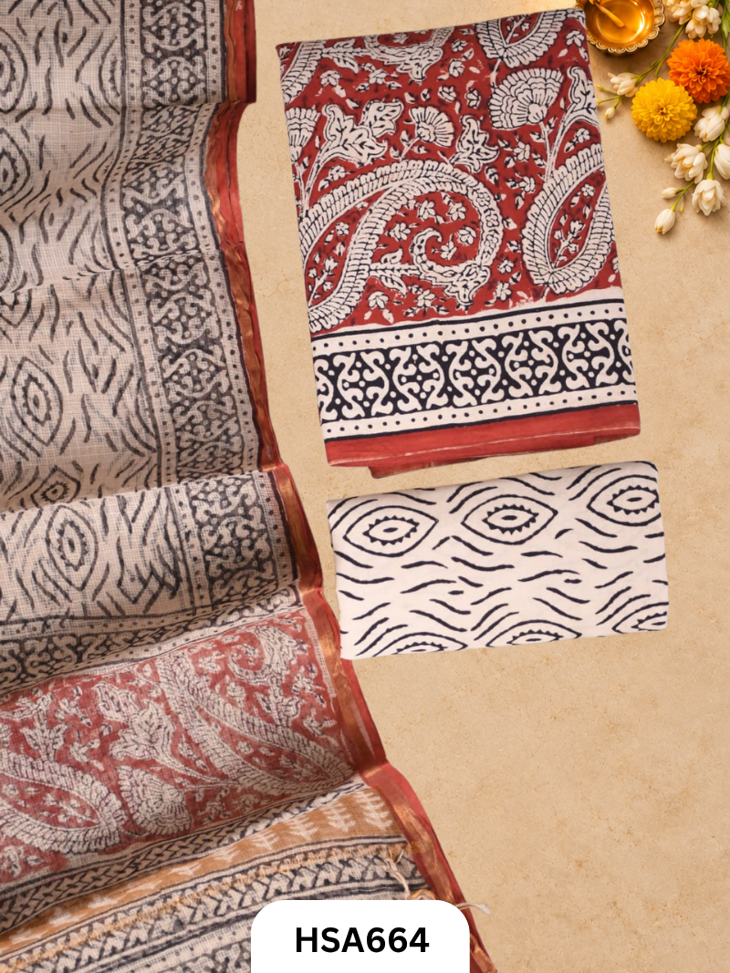 Handblock Printed Kota Doriya Dupatta With Cotton Suits Top 2.5mtr Dupatta 2.5mtr