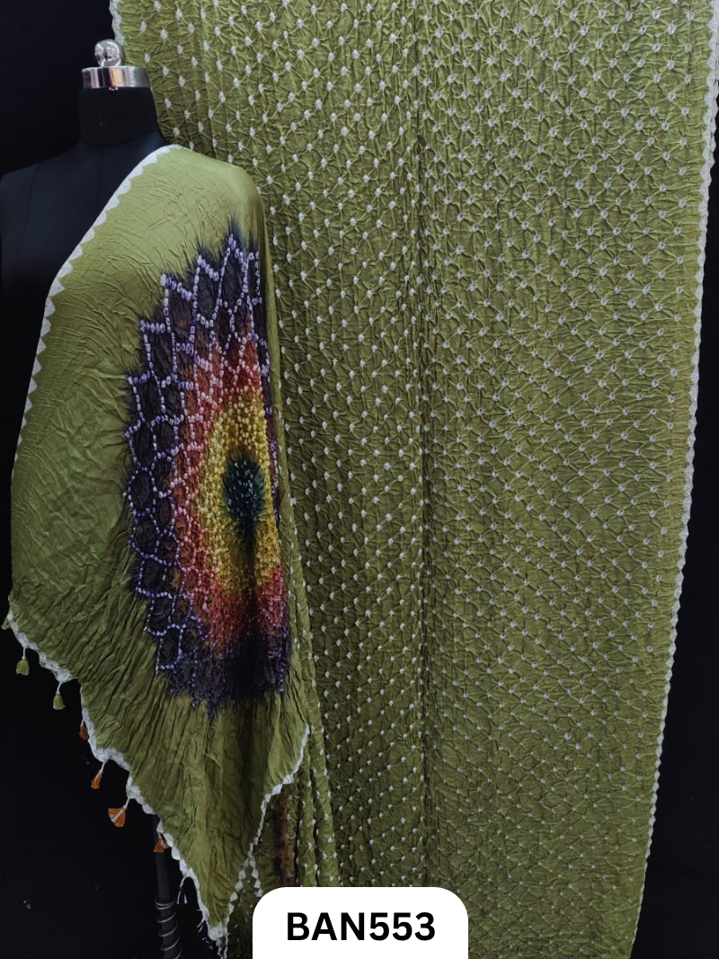 Semi Gaji Silk Multicolor Gul Pallu Bandhej Saree With Hand Tussels