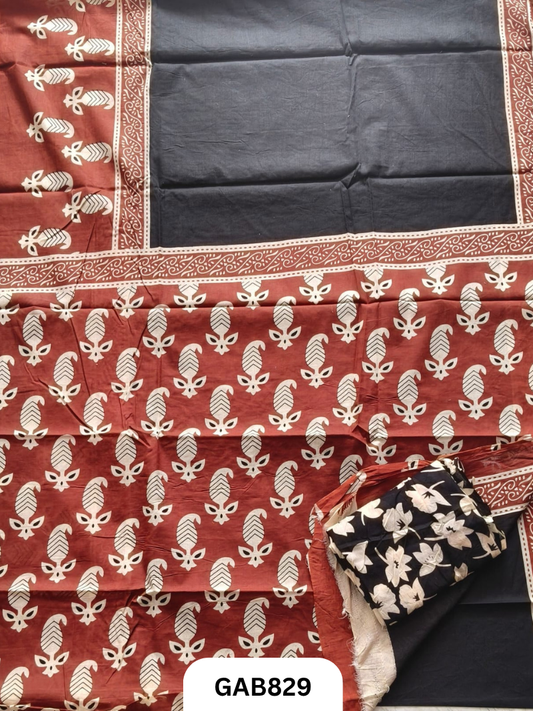 Bagru Block Print Cotton Mulmul Sarees With Running Blouse