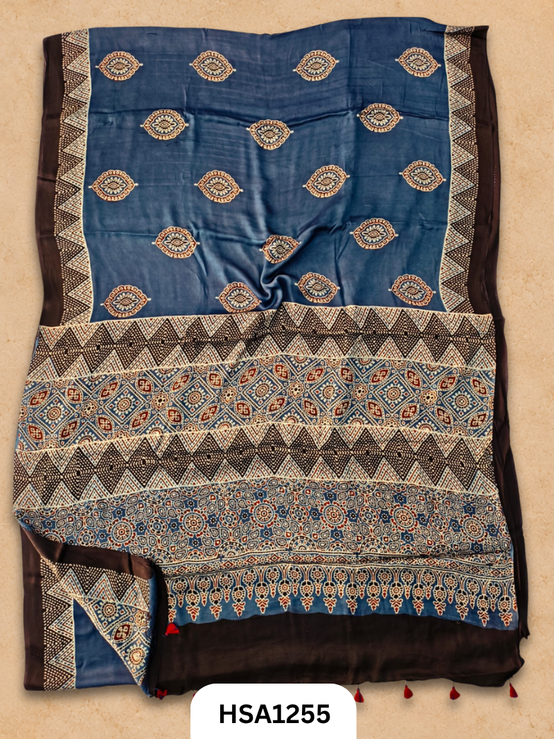 Natural Dye Vegetable Hand Block Print Ajrakh Print Pure Modal Silk Saree