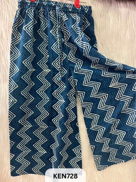 INDIGO COTTON PALAZO PANT FREESIZE-(22TO40INCH)