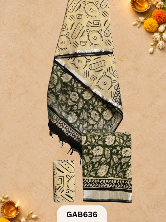 Bagru Hand Block Printed Linen Suits With Zari Border