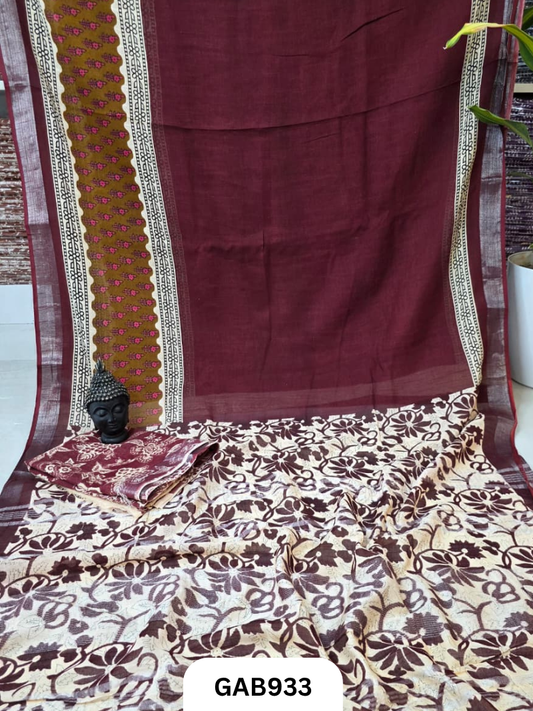Bagru Handblock Print Linen Saree With Attached Blouse
