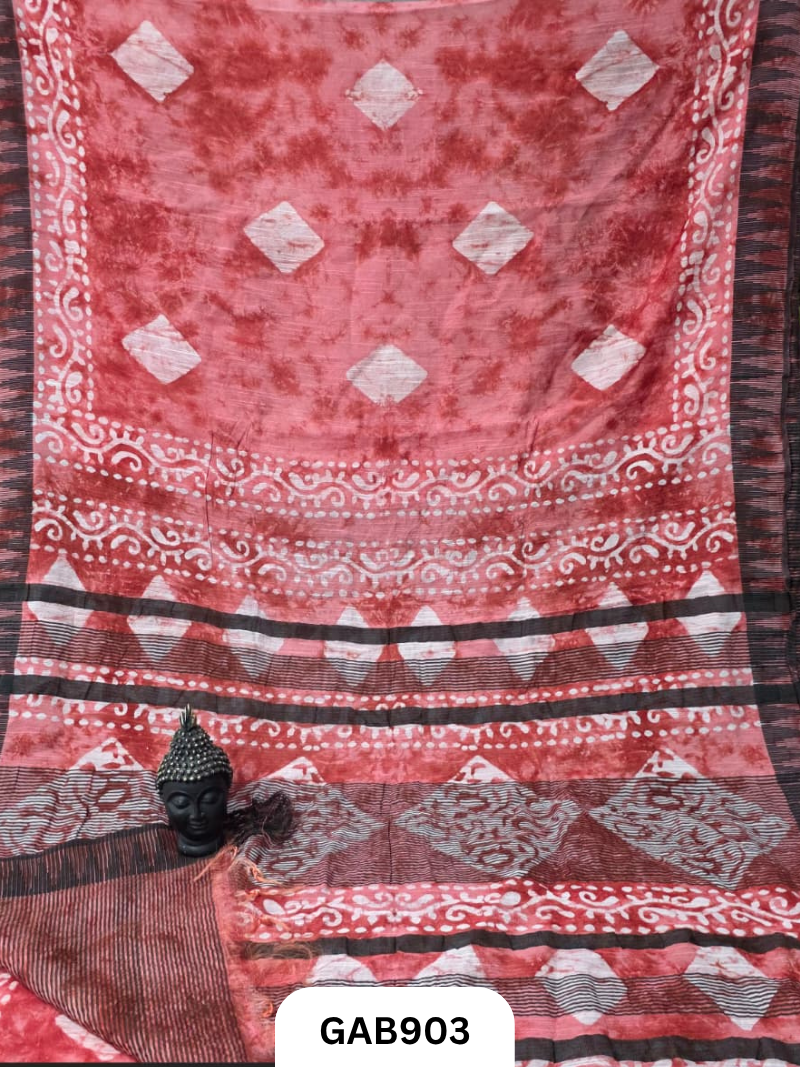 Temple Zari Border Hand Block Printed Katan Cotton Silk Saree With Running Blouse