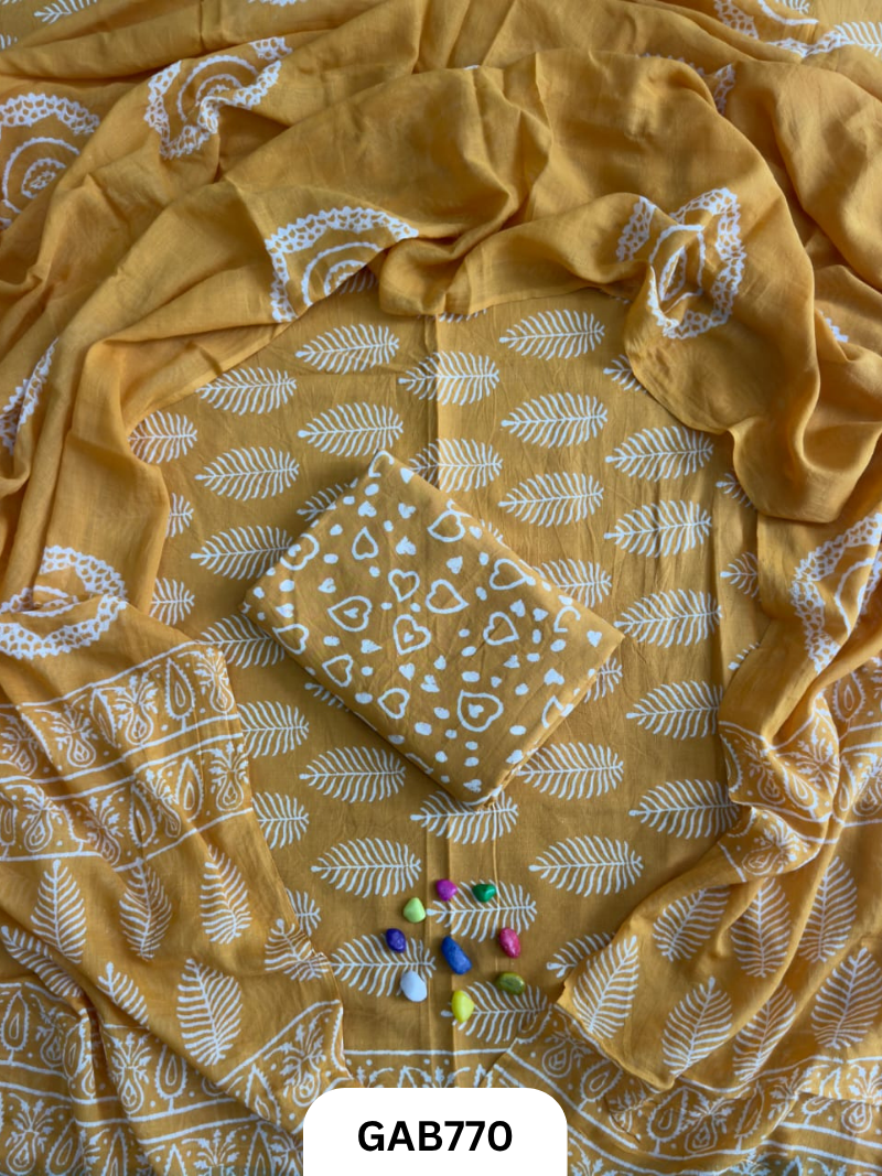 Handblock Cotton Suits With Mulmul Cotton Dupatta | Top 2.5 Mtr Dupatta 2.5 Mtr