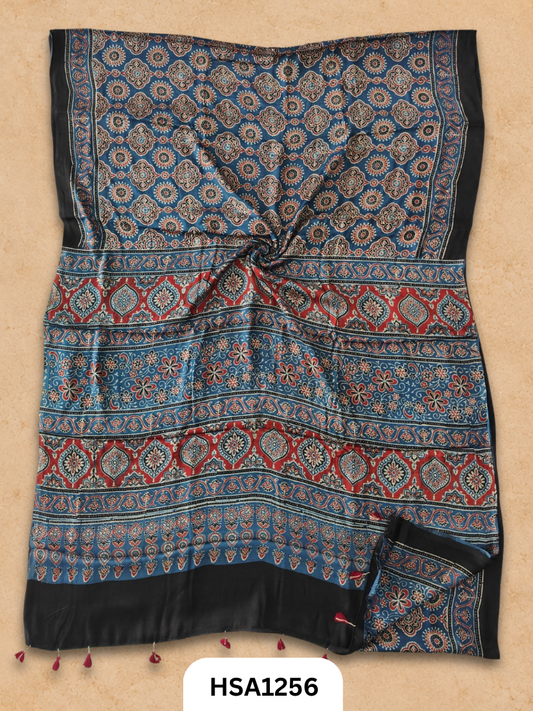 Natural Dye Vegetable Hand Block Print Ajrakh Print Pure Modal Silk Saree