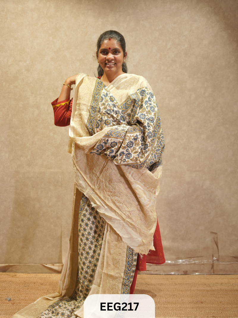 AJRAKH DOLA SILK SAREE WITH MIRROR WORK - IMMEDIATE DISPATCH