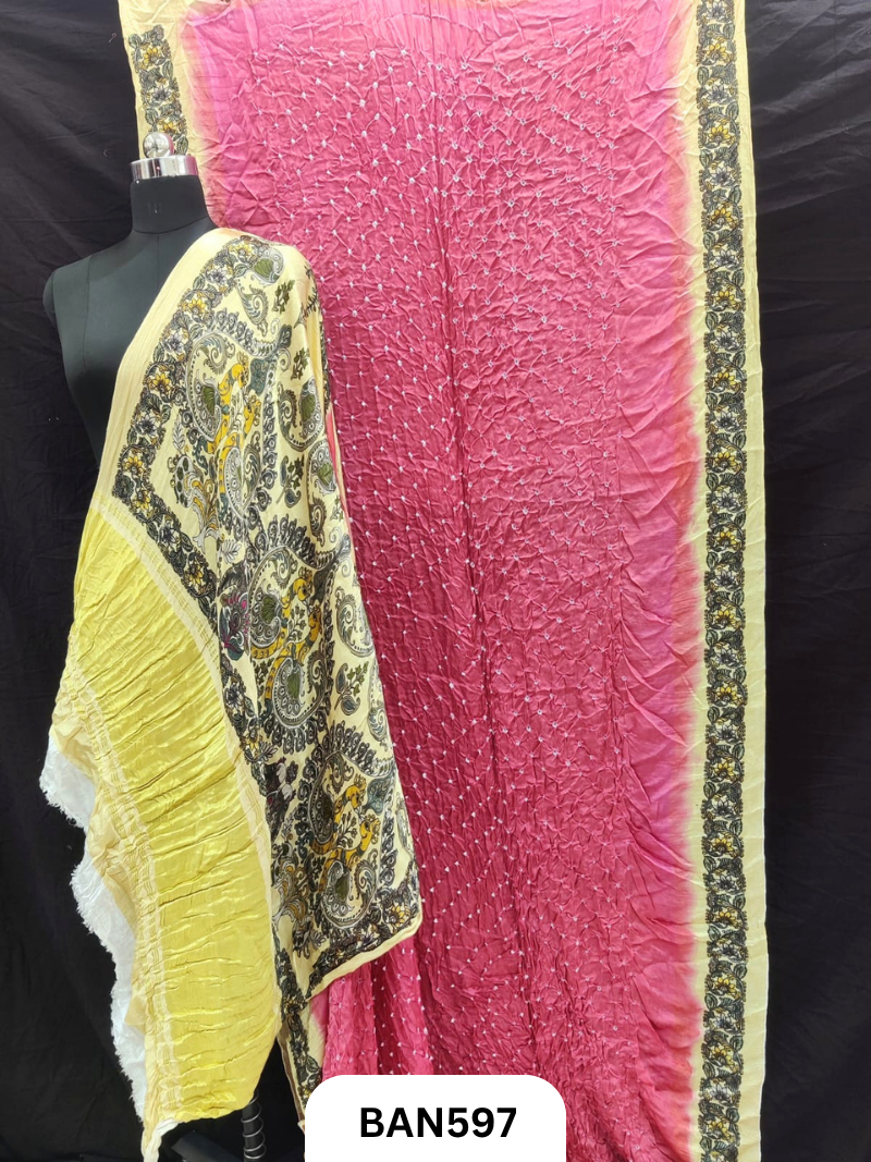 Semi Gaji ts kalamkari digital print pallu, blouse and border with bandhej saree