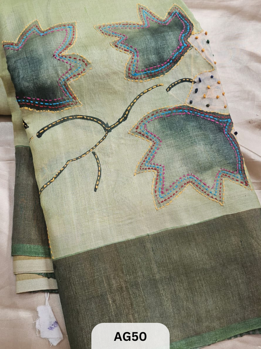 PURE TUSSAR WITH BORDER | SPECIAL HAND PAINT |HAND KANTHA STITCH | SILK MARK