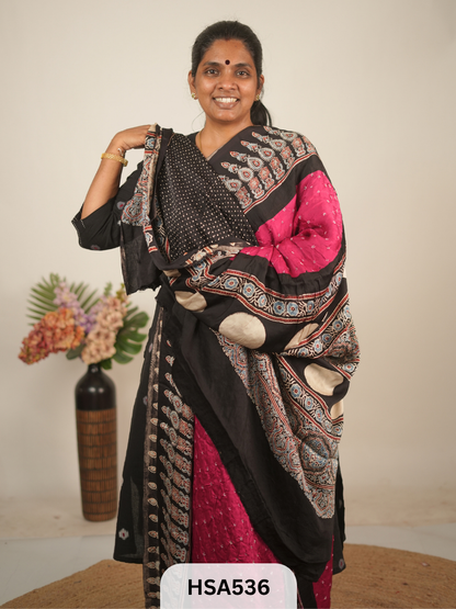 MODAL AJRAKH WITH BANDHINI SAREE