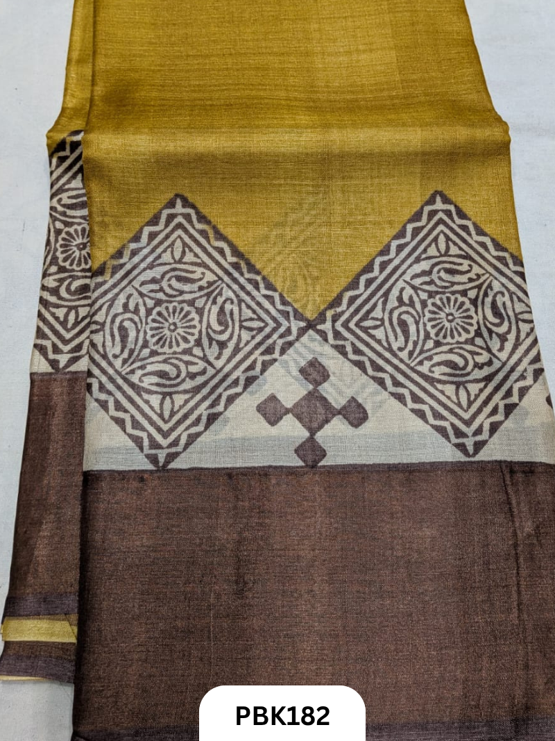 Premium Pure Tussar Silk Handblock Print Saree – Kolkata Special