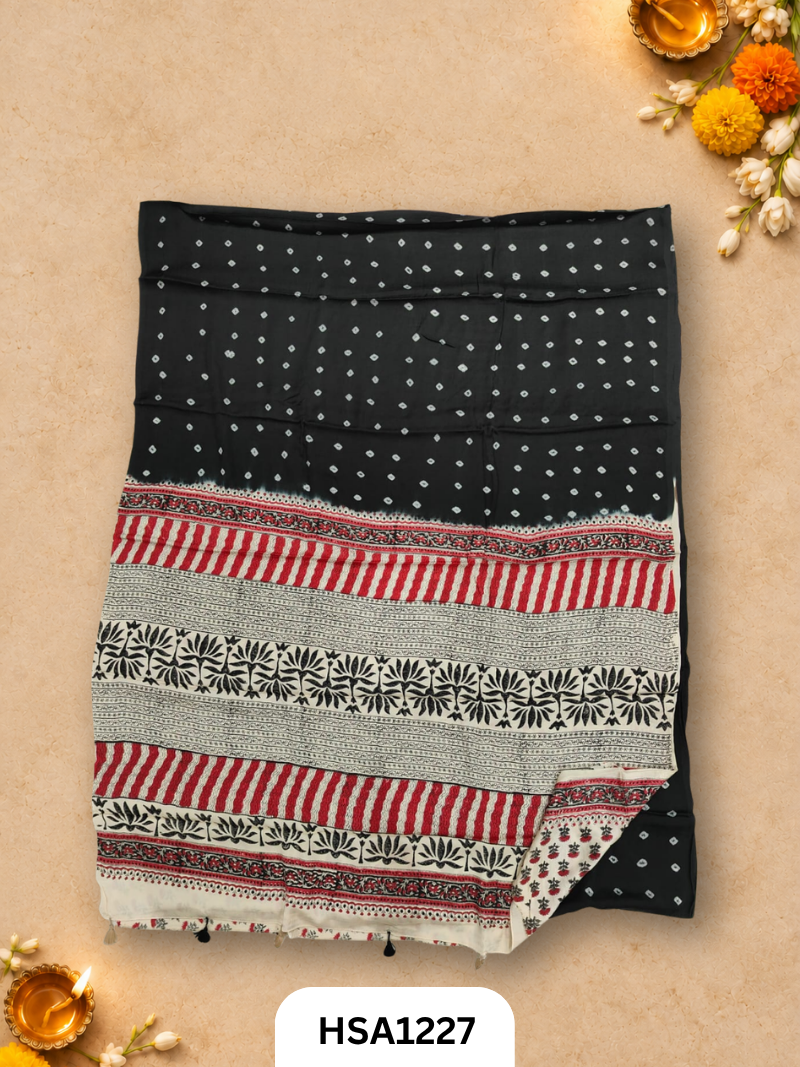 Hand Block Print Ajarkh Vanaspati Modal Silk Saree with blouse