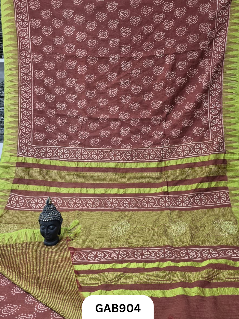 Temple Zari Border Hand Block Printed Katan Cotton Silk Saree With Running Blouse