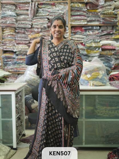 MODAL NATURAL AJRAKH HANDBLOCK SAREE WITH GLUE MIRROR