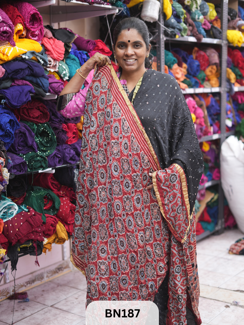 AJRAKH BANDHEJ WITH SKIRT BORDER SAREES | MODAL GAJI FABRIC