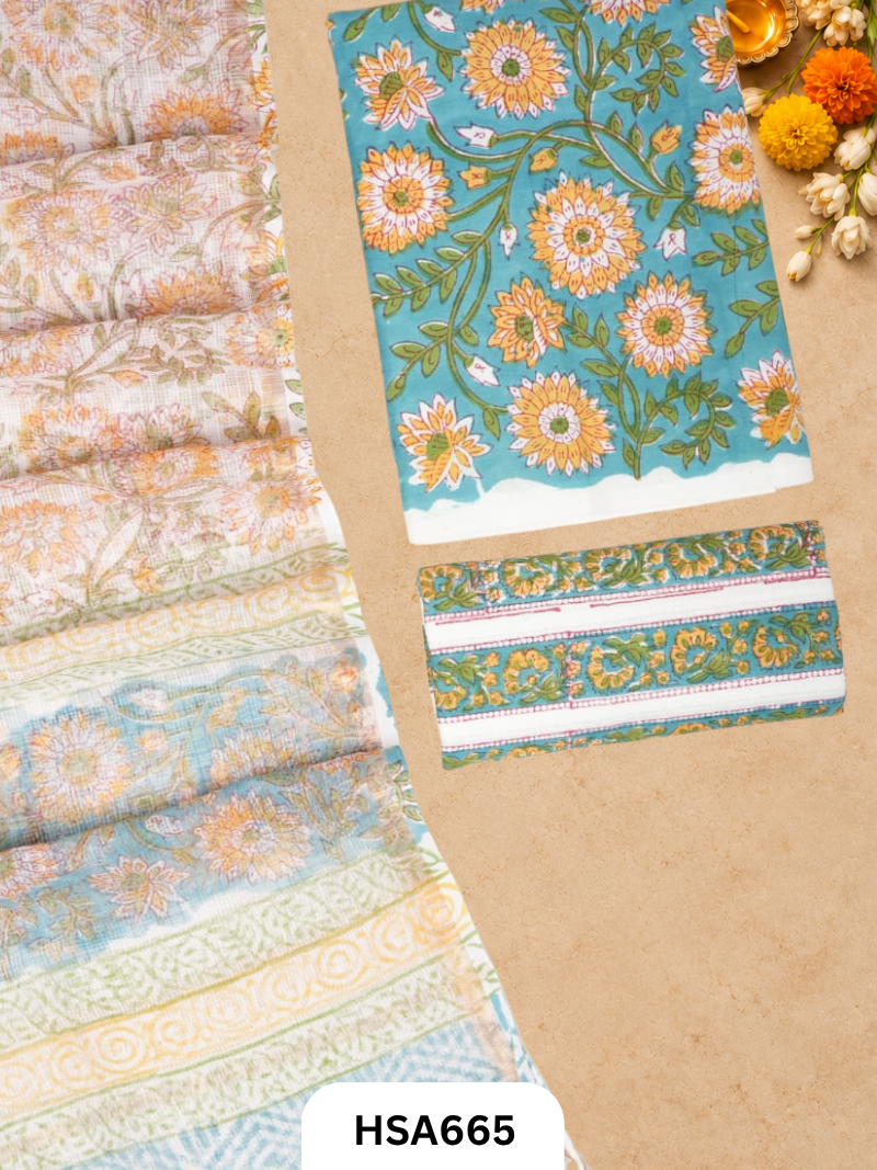 Handblock Printed Kota Doriya Dupatta With Cotton Suits Top 2.5mtr Dupatta 2.5mtr