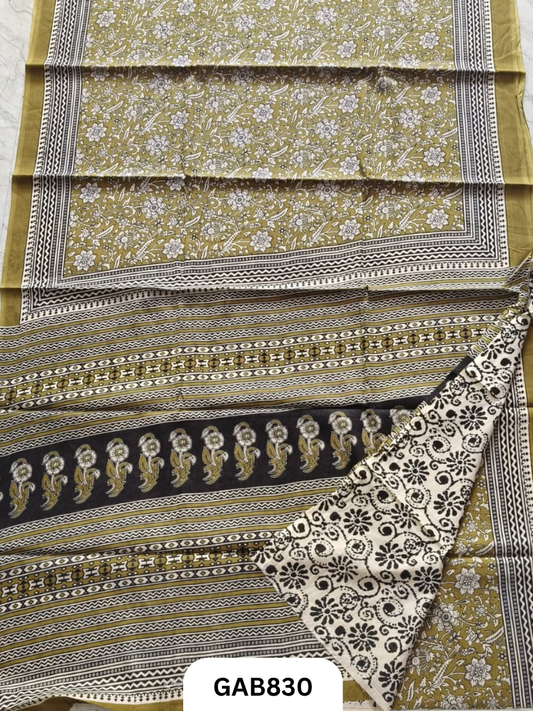 Bagru Block Print Cotton Mulmul Sarees With Running Blouse