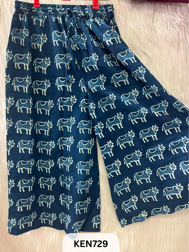 INDIGO COTTON PALAZO PANT FREESIZE-(22TO40INCH)