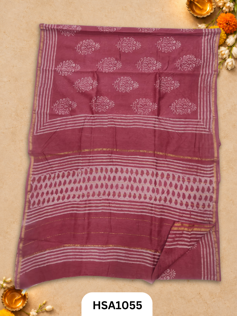 Pure Hand Block Printed Chanderi Silk Saree With Printed Blouse