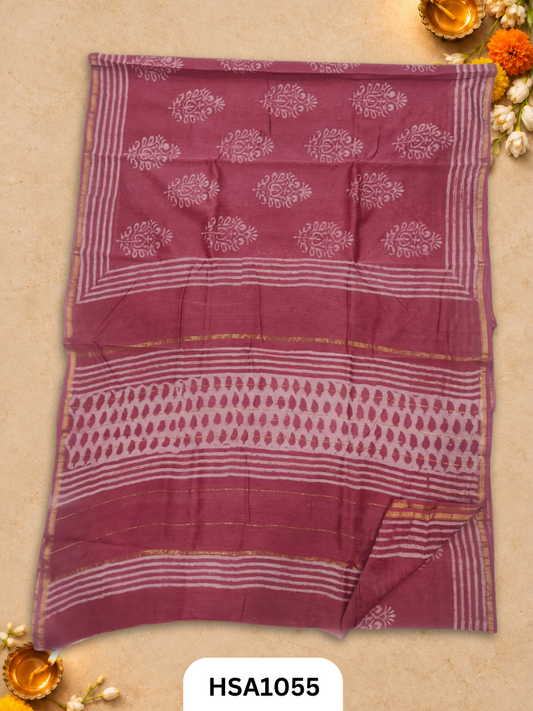 Pure Hand Block Printed Chanderi Silk Saree With Printed Blouse