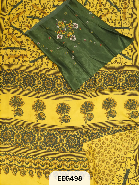 AJRAKH MODAL SAREE WITH KUTCHI HANDWORK BLOUSE PIECE EXTRA