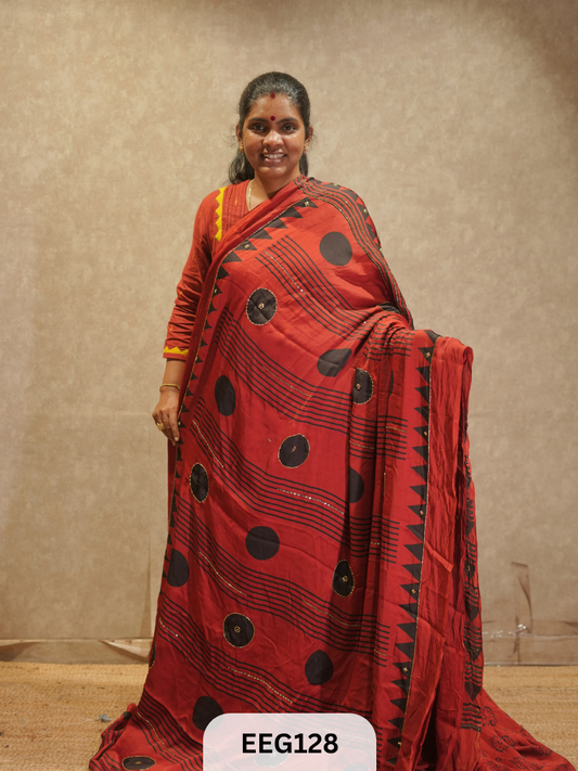 AJRAKH MODAL SAREE WITH KHATLI HANDWORK