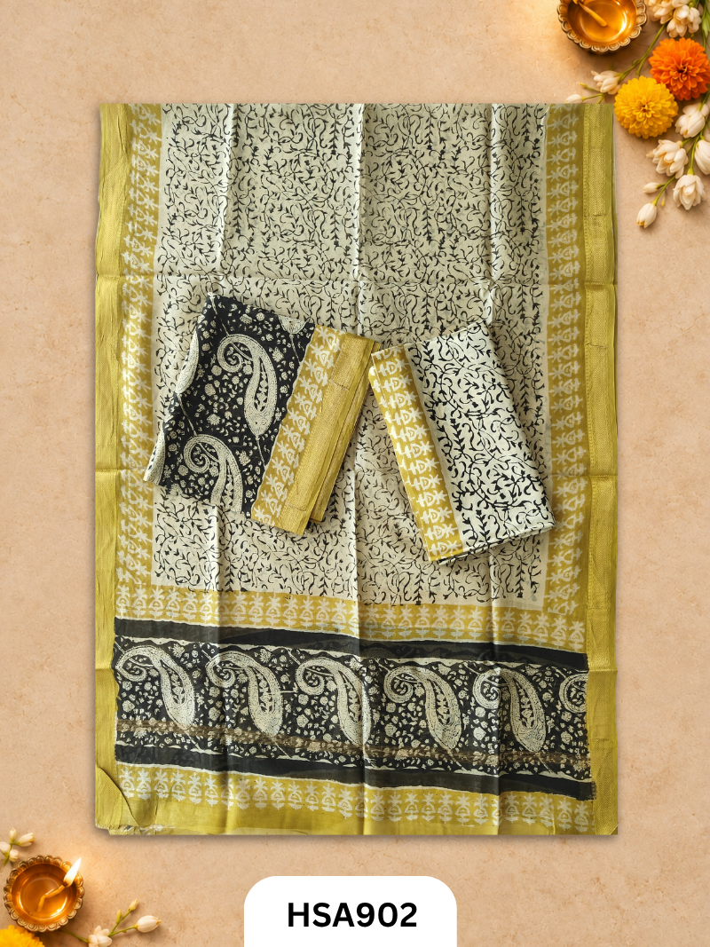 HandBlock Printed Maheshwari Silk Zari Border Top & dupttas 2.5 Mtrs | Bottom cotton 2.50 mtrs